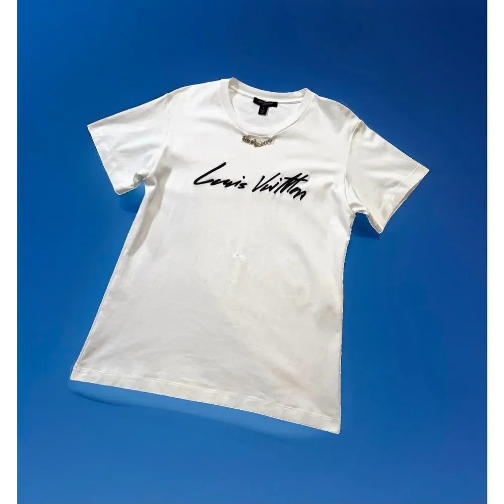 LOUIS VUITTON Cursive Signature T-Shirt White Black Large Medium Women 1AII22